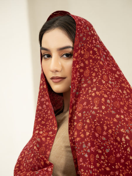 Pashmina Heavy Needlework Shawl- Maroon