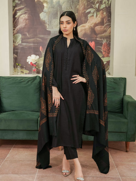 Pashmina Motif Needlework Shawl- Black