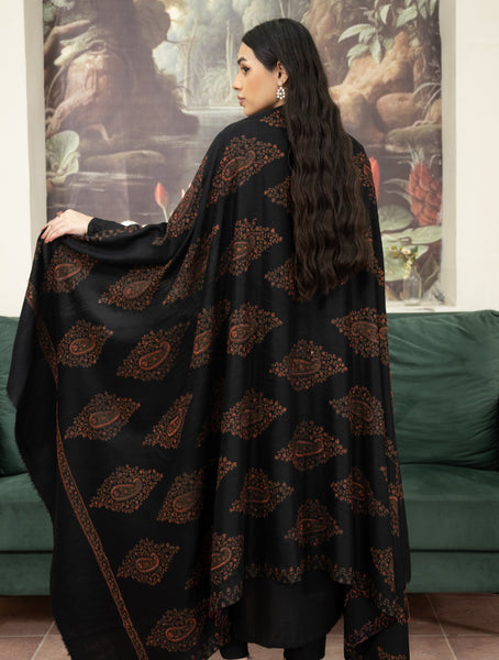 Pashmina Motif Needlework Shawl- Black