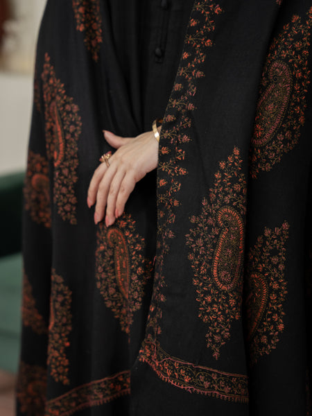 Pashmina Motif Needlework Shawl- Black
