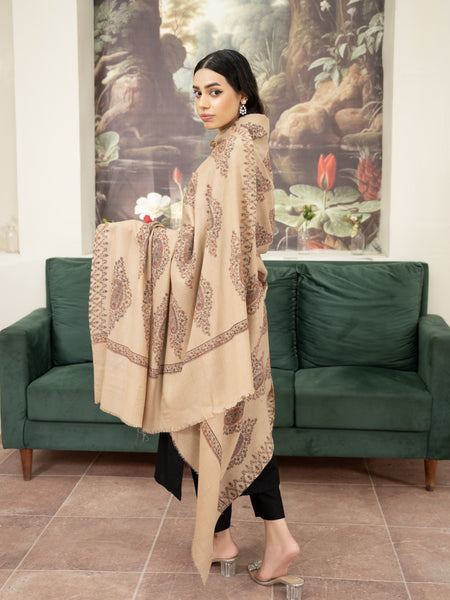 Pashmina Motif Needlework Shawl- Beige