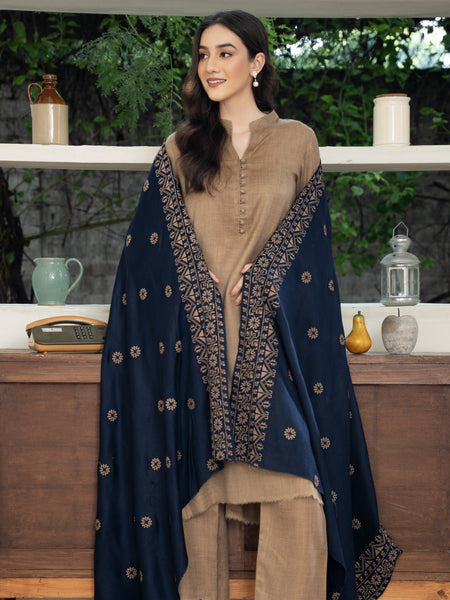 Cross stitch embroidered Pashmina Wool Shawl- Navy Blue