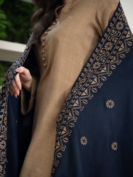 Cross stitch embroidered Pashmina Wool Shawl- Navy Blue