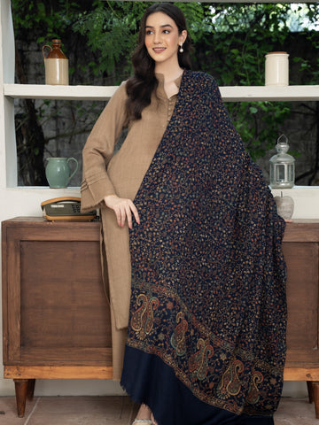 Pashmina Heavy Needlework Shawl- Navy Blue