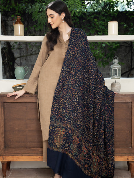 Pashmina Heavy Needlework Shawl- Navy Blue
