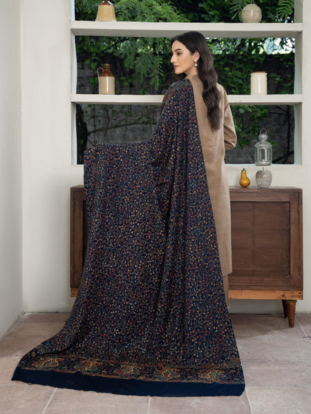 Pashmina Heavy Needlework Shawl- Navy Blue