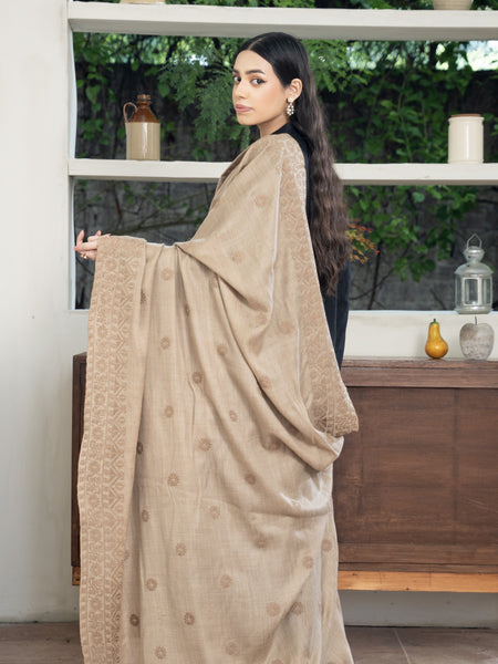Cross stitch embroidered Pashmina Wool Shawl- Beige