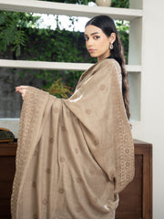 Cross stitch embroidered Pashmina Wool Shawl- Beige