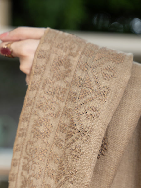 Cross stitch embroidered Pashmina Wool Shawl- Beige