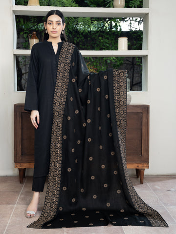 Cross stitch embroidered Pashmina Wool Shawl- Black