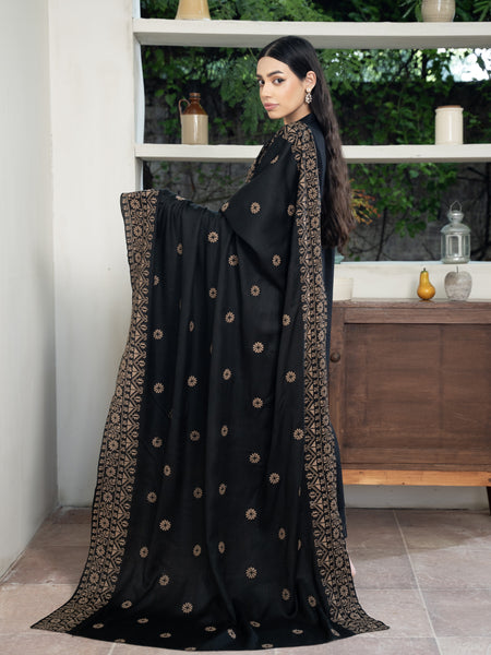 Cross stitch embroidered Pashmina Wool Shawl- Black