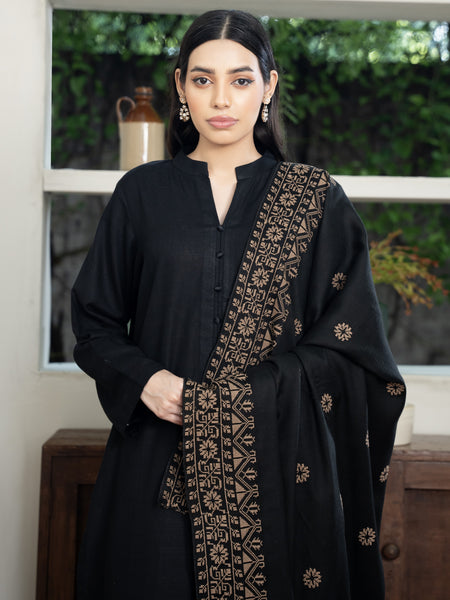 Cross stitch embroidered Pashmina Wool Shawl- Black