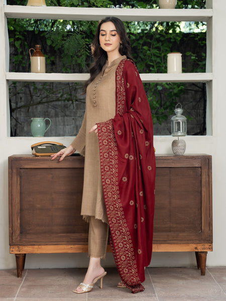 Cross stitch embroidered Pashmina Wool Shawl- Maroon