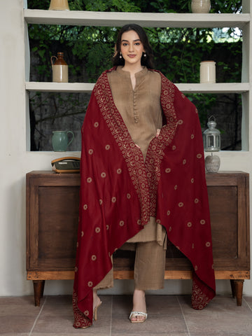 Cross stitch embroidered Pashmina Wool Shawl- Maroon