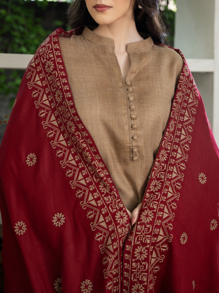 Cross stitch embroidered Pashmina Wool Shawl- Maroon