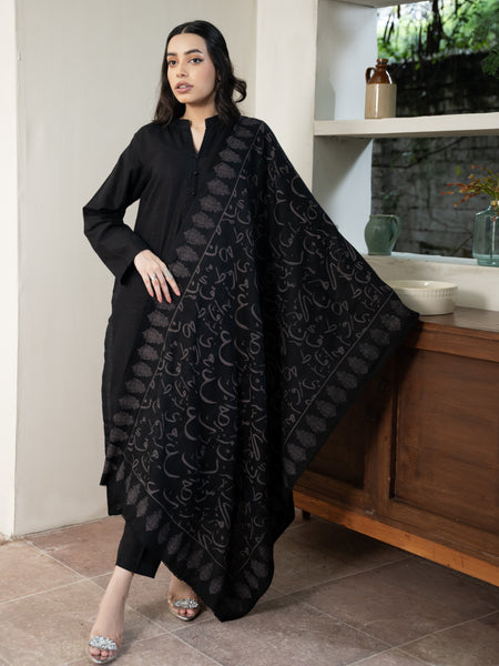 Black Calligraphy Pashmina Wool Stoler