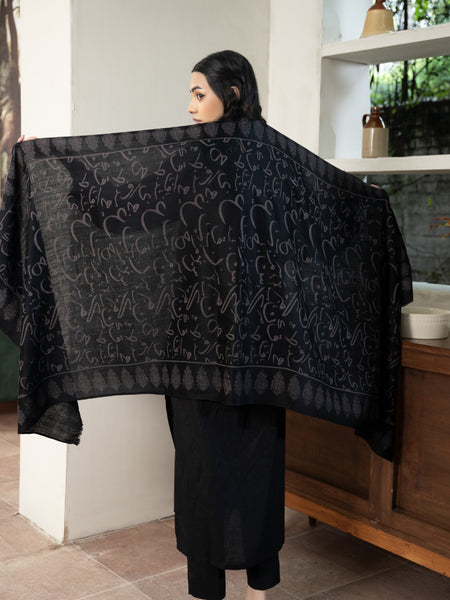 Black Calligraphy Pashmina Wool Stoler