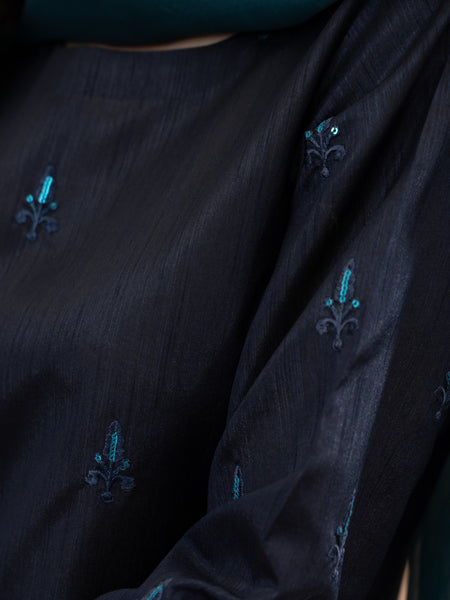 Hand Embellished Raw Silk 3pc Suit- Navy Blue