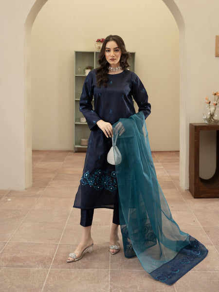 Hand Embellished Raw Silk 3pc Suit- Navy Blue