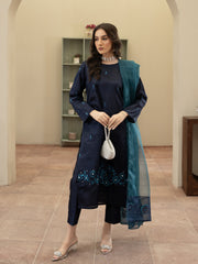 Hand Embellished Raw Silk 3pc Suit- Navy Blue