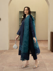 Hand Embellished Raw Silk 3pc Suit- Navy Blue
