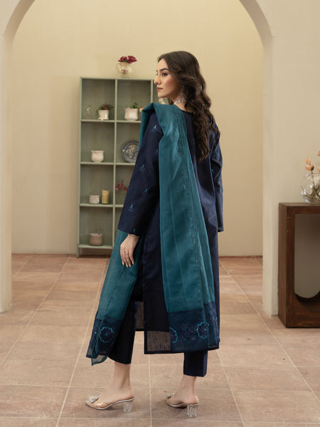 Hand Embellished Raw Silk 3pc Suit- Navy Blue