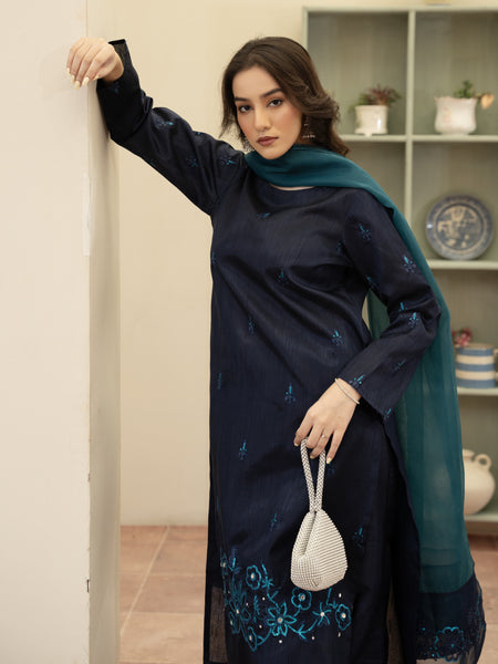 Hand Embellished Raw Silk 3pc Suit- Navy Blue