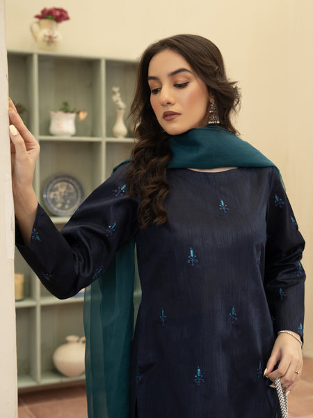 Hand Embellished Raw Silk 3pc Suit- Navy Blue