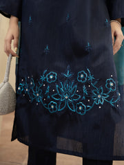 Hand Embellished Raw Silk 3pc Suit- Navy Blue