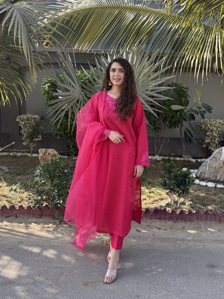 Pink Embroidered Raw Silk 3pc Suit
