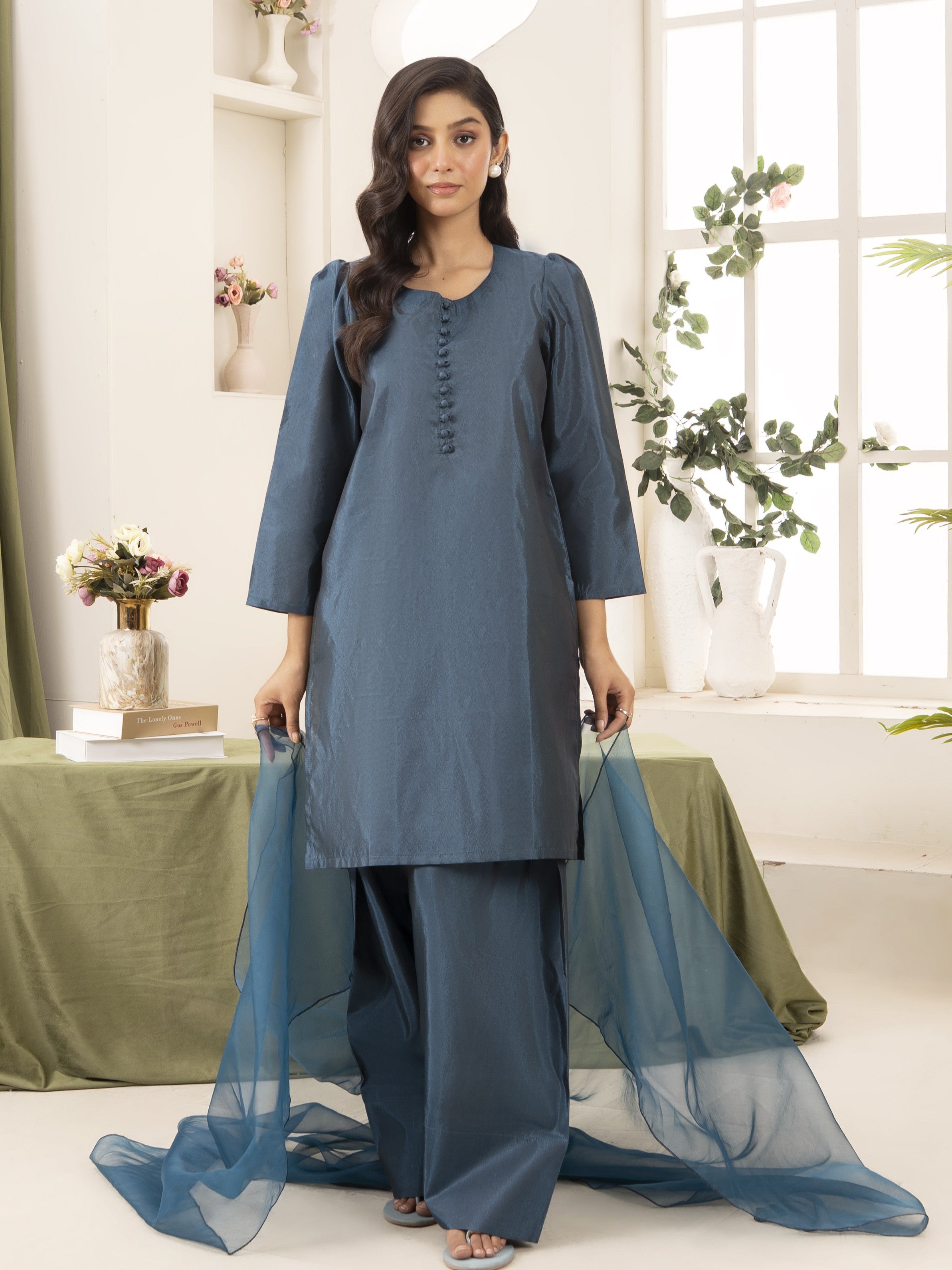 Silk Farshi Shalwar 3pc Suit-Teal