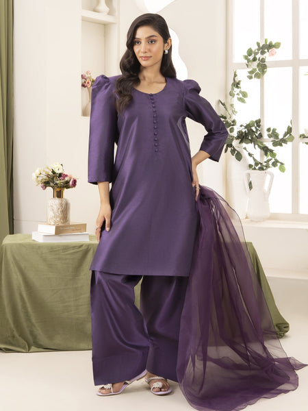 Silk Farshi Shalwar 3pc Suit-Purple