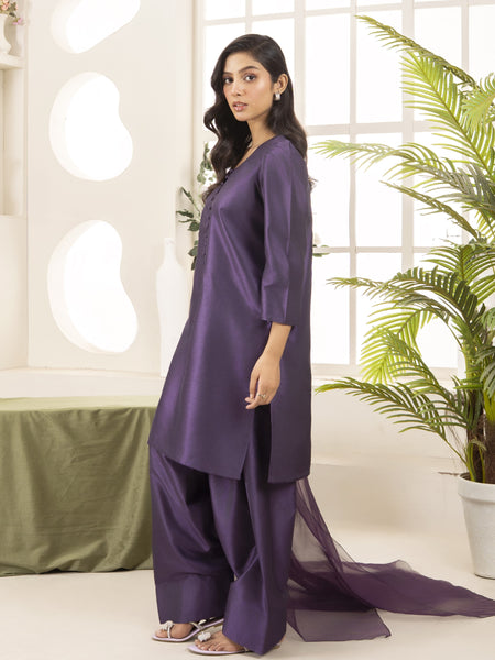 Silk Farshi Shalwar 3pc Suit-Purple