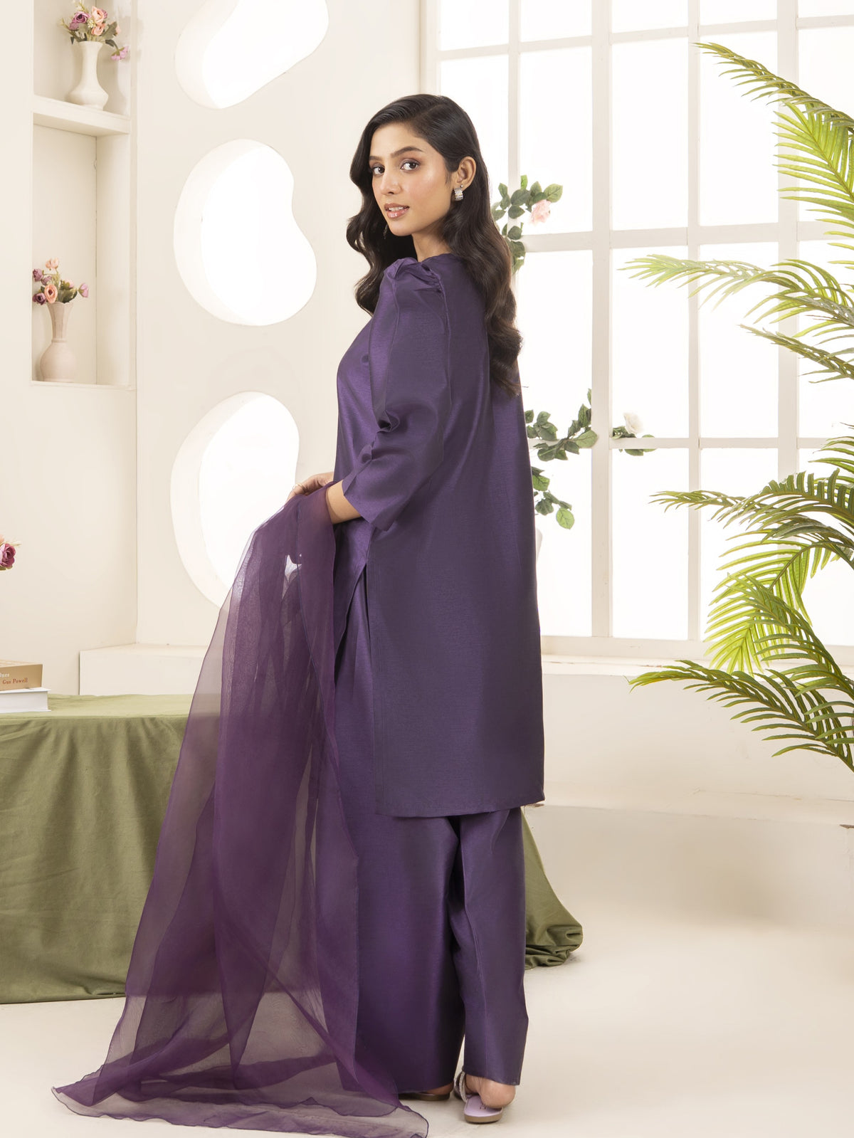 Silk Farshi Shalwar 3pc Suit-Purple