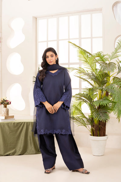 Farshi Raw Silk Set- Navy Blue