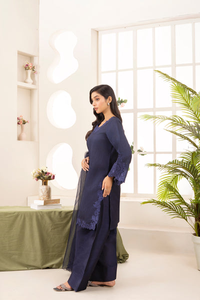 Farshi Raw Silk Set- Navy Blue