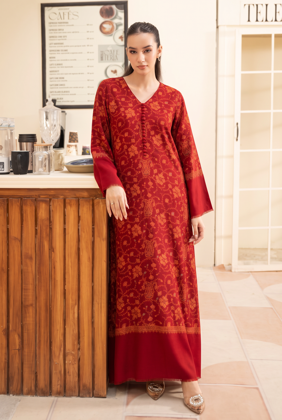 Red Hand Embroidered Pashmina Wool Kaftan Set (with trouser)