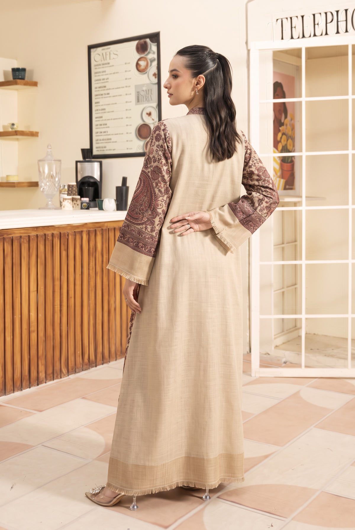 Beige Artisanal Hand-Woven Kaani Pashmina Wool Kaftan Set (with trouser)