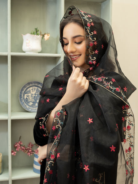 Black velvet Embroidered 3pc Suit