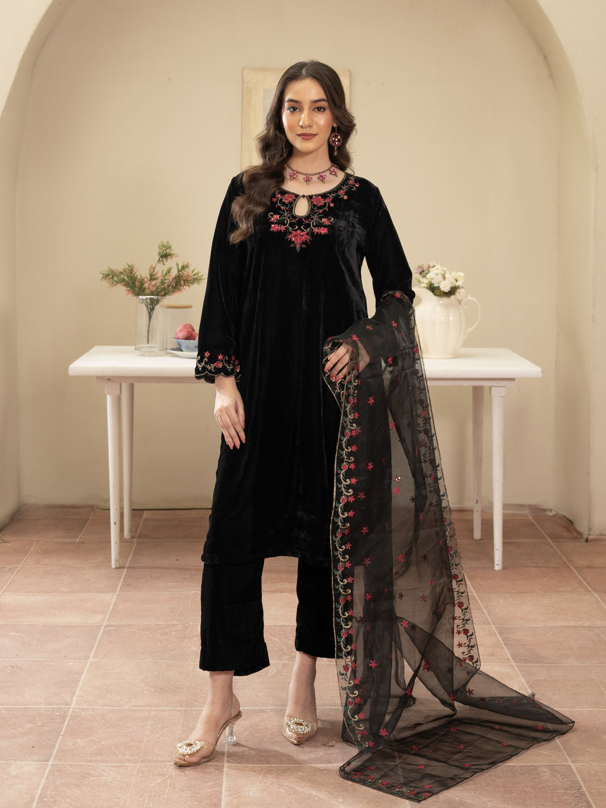 Black velvet Embroidered 3pc Suit