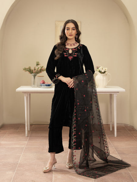 Black velvet Embroidered 3pc Suit