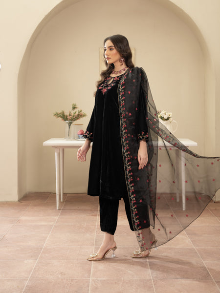 Black velvet Embroidered 3pc Suit