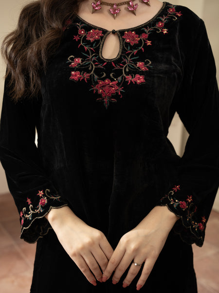 Black velvet Embroidered 3pc Suit
