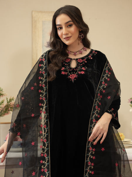 Black velvet Embroidered 3pc Suit