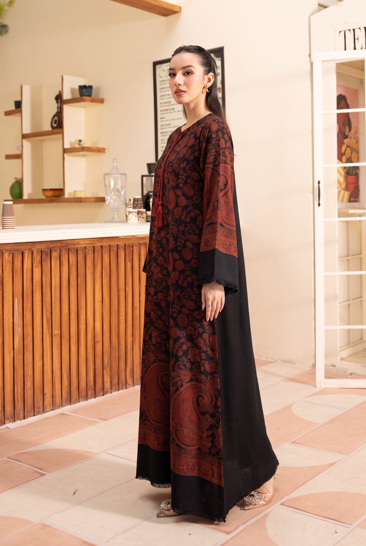 Black Artisanal Hand-Woven Kaani Pashmina Wool Kaftan Set (with trouser)