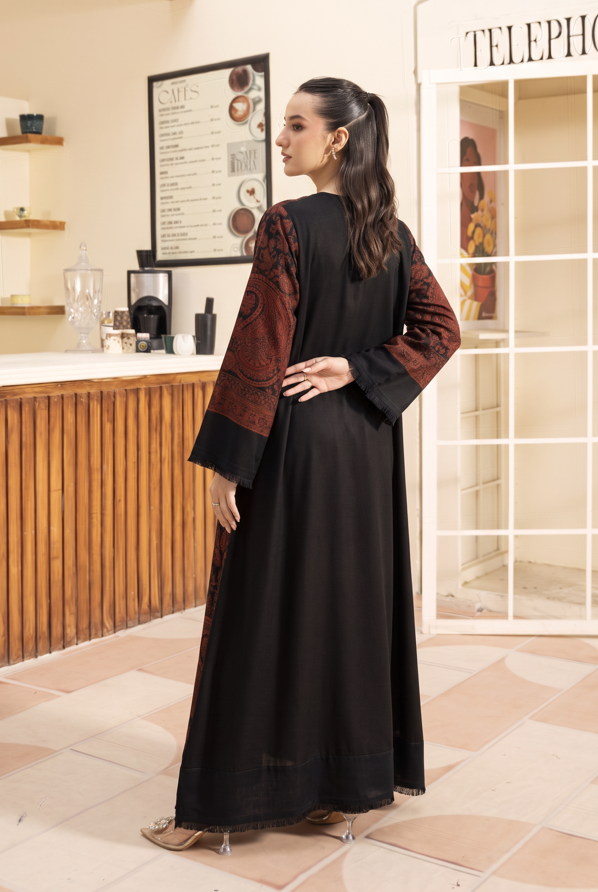 Black Artisanal Hand-Woven Kaani Pashmina Wool Kaftan Set (with trouser)