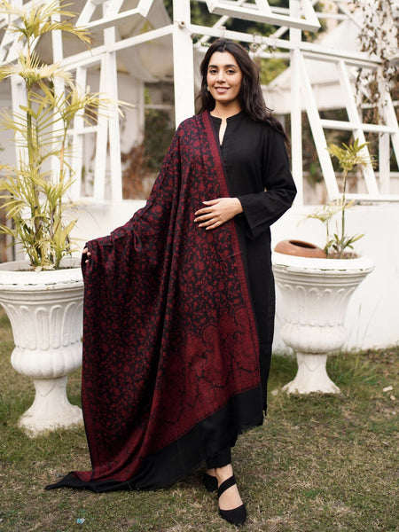 Kaani Style Pashmina Wool Shawl- Blackish Maroon