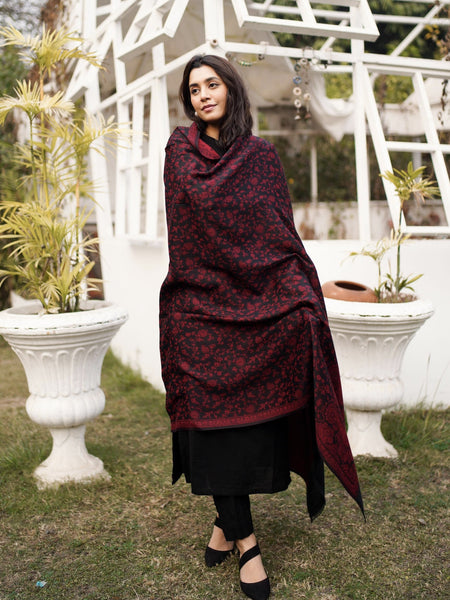 Kaani Style Pashmina Wool Shawl- Blackish Maroon