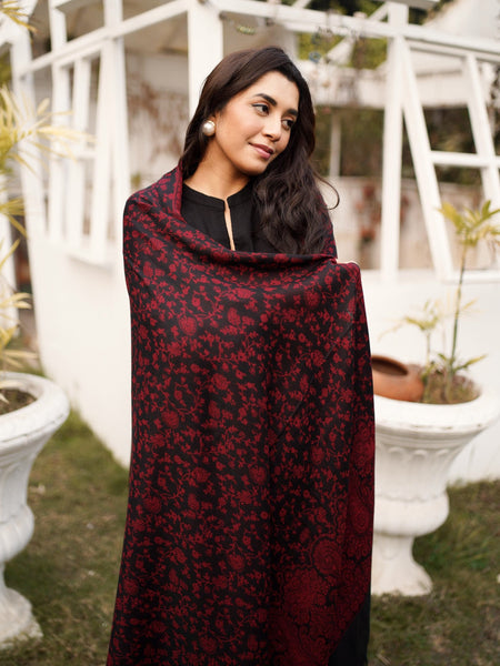 Kaani Style Pashmina Wool Shawl- Blackish Maroon