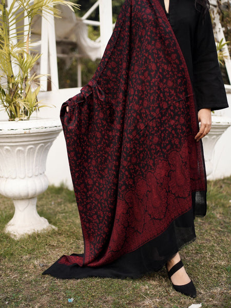 Kaani Style Pashmina Wool Shawl- Blackish Maroon